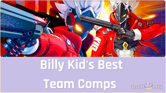 Billy Kid from Zenless Zone Zero posing confidently with his best team, Nicole and Anby, in a stylish, neon-lit urban alley, illustrating a guide to team composition. Features the Bahomu brand watermark.