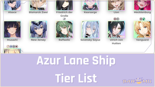 Top-tier shipgirls from Azur Lane, New Jersey, Friedrich der Grosse, and Shinano, posing powerfully on the ocean, representing the 2025 ship tier list guide. Features the Bahomu brand watermark.