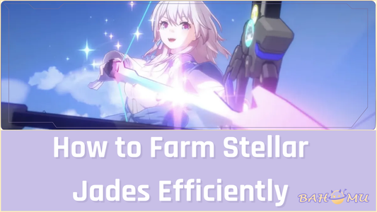 The Trailblazer from Honkai: Star Rail looking at a treasure chest overflowing with glowing Stellar Jades, illustrating the concept of successfully farming in-game currency. Features the Bahomu brand watermark.