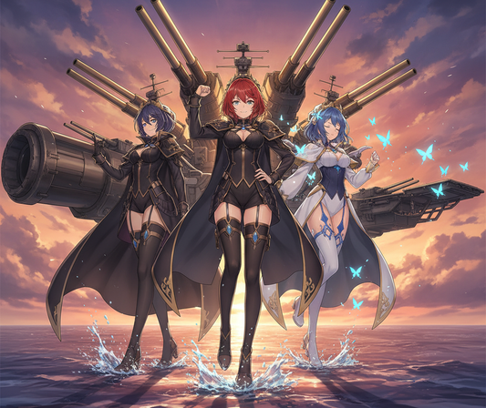 Top-tier shipgirls from Azur Lane, New Jersey, Friedrich der Grosse, and Shinano, posing powerfully on the ocean, representing the 2025 ship tier list guide. Features the Bahomu brand watermark.