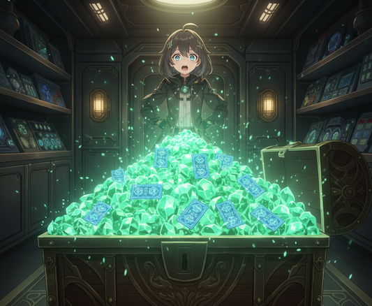 The Trailblazer from Honkai: Star Rail looking at a treasure chest overflowing with glowing Stellar Jades, illustrating the concept of successfully farming in-game currency. Features the Bahomu brand watermark.