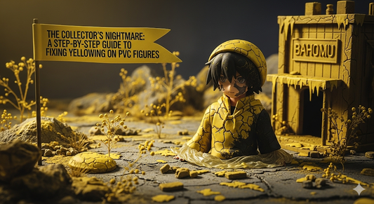 A close-up of a collector carefully applying a treatment to a slightly yellowed white PVC figure.