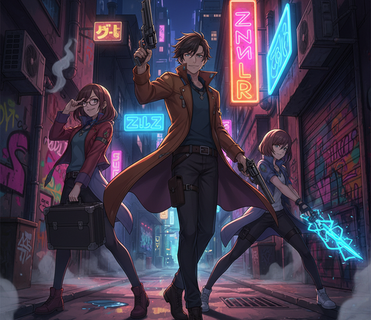 Billy Kid from Zenless Zone Zero posing confidently with his best team, Nicole and Anby, in a stylish, neon-lit urban alley, illustrating a guide to team composition. Features the Bahomu brand watermark.