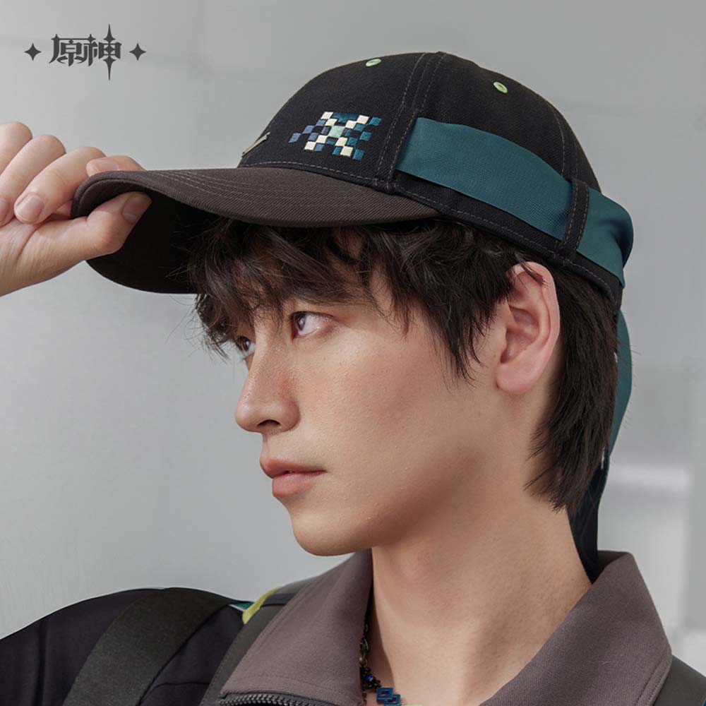 A stylish person wearing the Genshin Impact Kinich baseball cap paired with a casual denim jacket, walking in an urban setting.